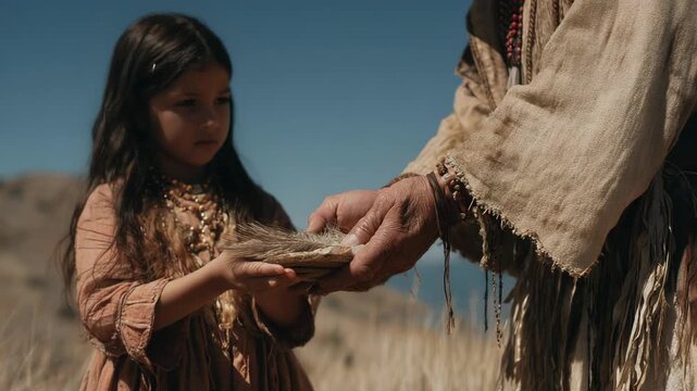 Native American girl receives a gift from an elder in a cultural ceremony