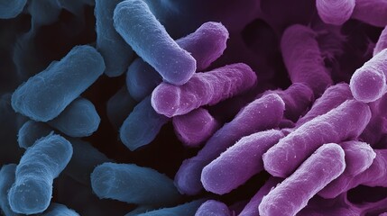 Detailed scanning electron micrograph of colorful rod shaped bacteria clustered together in shades of blue and purple