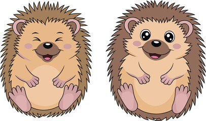 Cute cartoon hedgehogs, smiling animals, pink cheeks, playful pose, sitting position, woodland creatures, kids illustration, friendly design, character art