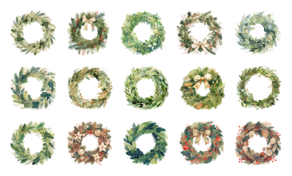 PNG Festive watercolor wreath collection, element set on transparent background