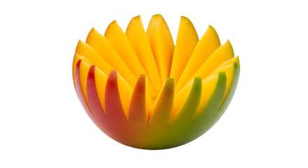Fresh tropical mango fruit sliced and fan-cut for elegant food presentation and culinary design isolated PNG with Transparent Background