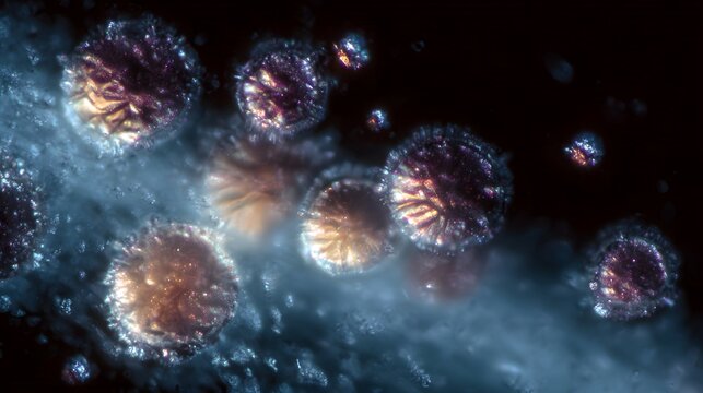 Microscopic view of luminous spherical cell clusters dividing with intricate radial patterns against a dark abstract background