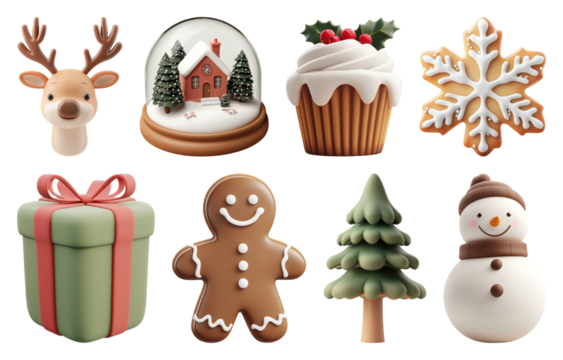 PNG Festive holiday-themed cookie decorations, element set on transparent background