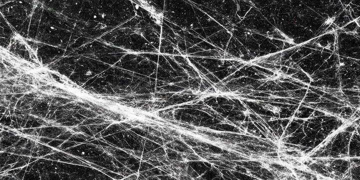 Abstract pattern of intricate white spiderwebs densely covering a dark background