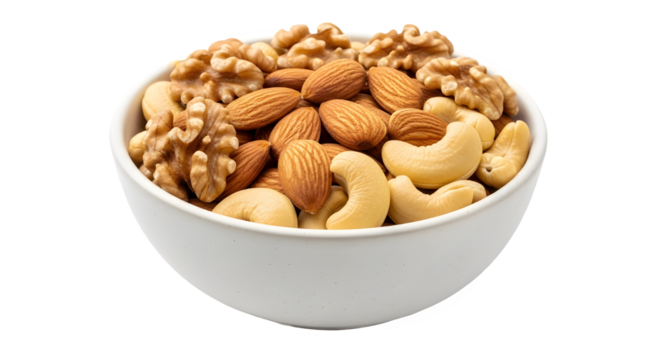 Healthy mixed nuts in a white bowl including almonds, cashews, and walnuts. isolated PNG with Transparent Background