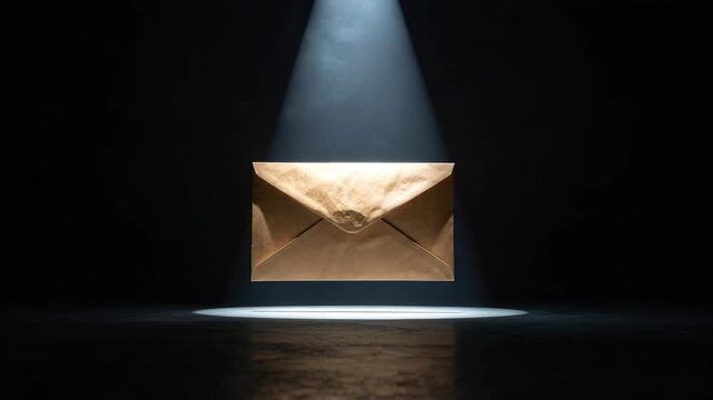 Envelope Floating in Spotlight Surrounded by Darkness, Visual Metaphor for Hidden Intent or Secret Message