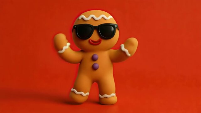 Christmas Gingerbread Man Wearing Sunglasses Dancing on a Red Background 