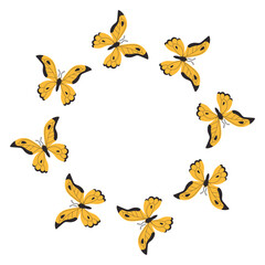 Flat style vector illustration of a round frame made of vibrant yellow butterfly insects, ideal for whimsical designs, invitations, and natural decor on a white background.