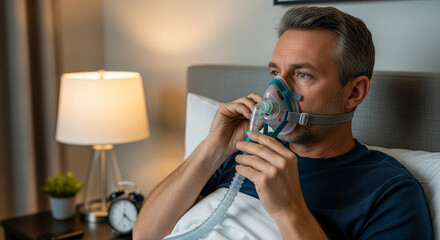 Man preparing for a restful night by adjusting his CPAP mask, a therapy for treating sleep apnea and improving health