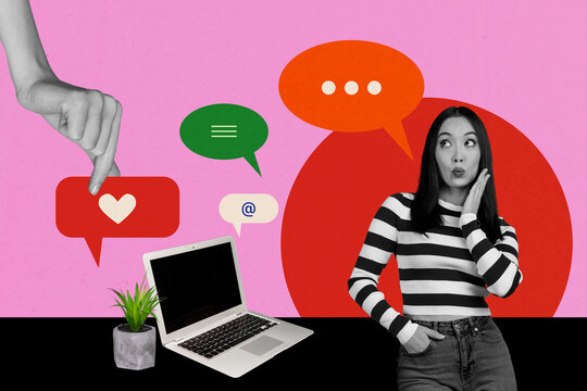 Creative composite sketch design artwork collage of young lady flirty stand hand hold banner like app blogging media follow laptop message