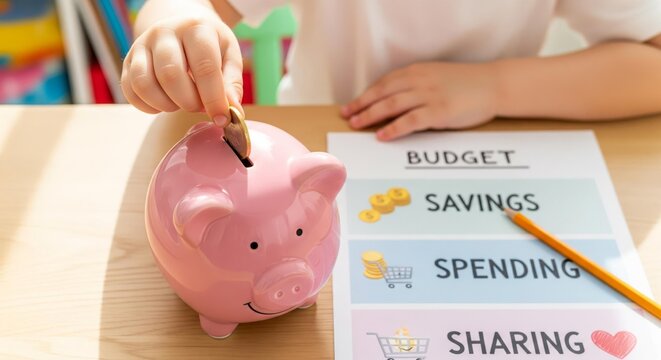 A child's hand putting a coin into a pink piggy bank next to a budget chart.