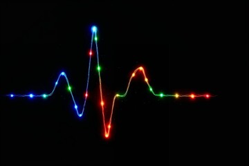 Abstract pulse line made of holiday garlands. Bright neon glow in heartbeat shape — symbol of joy and celebration.