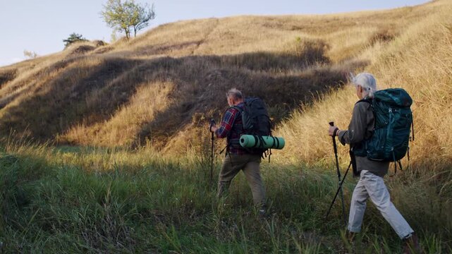 Senior partners with canes hike at hilly autumn countryside - Powered by Adobe