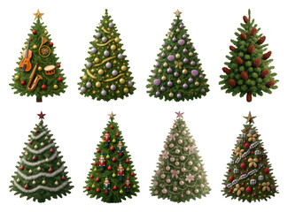 PNG Diverse decorated Christmas trees, element set on transparent background