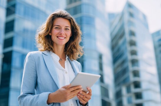 Professional woman with digital device in business district - Powered by Adobe