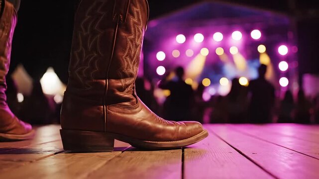 Close up of brown leather cowboy boots on a wooden stage with a crowd in the background