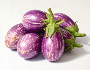 Fresh purple eggplants arranged on a bright white surface for cooking preparation Generative AI