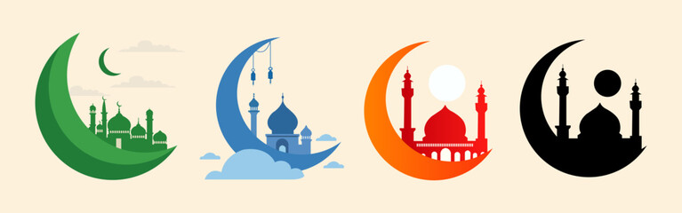 Mosque Icon set with crescent moon. Ramadan and islamic building vector illustration