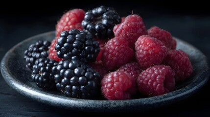 A close up view of fresh ripe blackberries and raspberries artfully arranged on a dark ceramic plate highlighting their vibrant colors and textures
