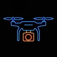 Neon drone with camera icon on black background.