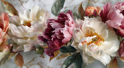 Vibrant Abstract Peonies Art on Marble Background with Lush Leaves, Featuring Rich Pink, White, and Maroon Hues in Painterly Style
