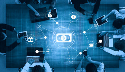 A fintech concept showing a network of digital banking services. This includes secure online payments, global transactions, and e-commerce for the modern financial system. Fermion