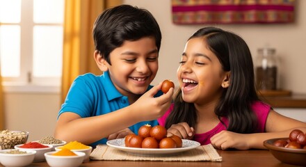 Two Indian children sharing and enjoying traditional sweet gulab jamun, smiling happily.