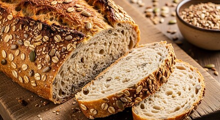 Multigrain bread loaf with seeds and oats, sliced on a wooden board Keywords: bread, multigrain, seeds, oats, sunflower seeds, pumpkin seeds, whole grain, baked, crusty, texture, food, baking
