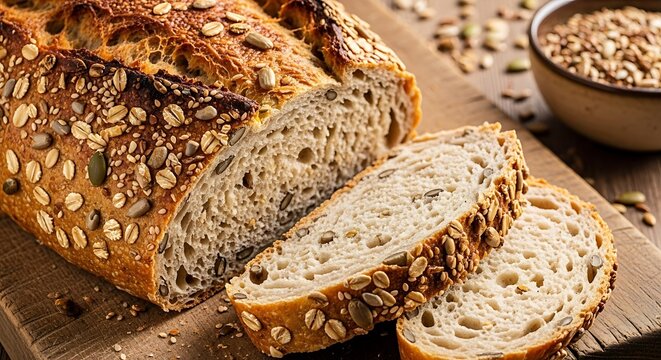 Multigrain bread loaf with seeds and oats, sliced on a wooden board Keywords: bread, multigrain, seeds, oats, sunflower seeds, pumpkin seeds, whole grain, baked, crusty, texture, food, baking - Powered by Adobe