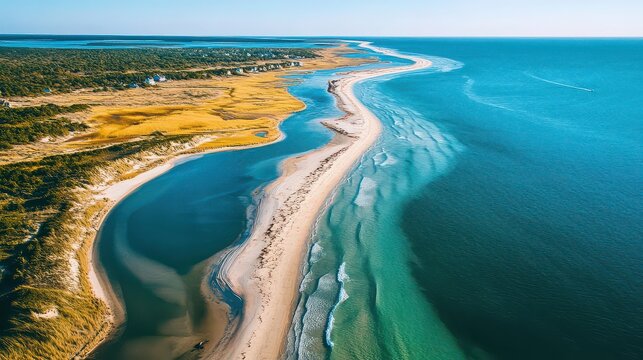 Aerial view of a sandy beach and turquoise water on a clear summer day
