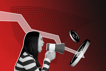 Sketch image trend artwork 3D photo collage of target trader business charts stats young lady hold speaker announce attention coins money