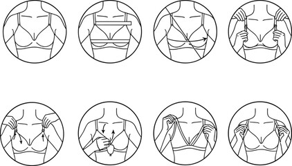 Bra size measurement guide, step-by-step illustration, fitting process, cartoon torso views, lingerie fitting tips, black vector fashion icons
