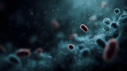 Microscopic view of rod shaped bacteria in a dark fluid environment