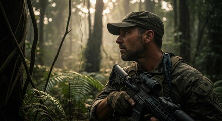 Fototapeta premium A soldier in camouflage gear carefully scans the dense jungle environment, alert and vigilant.