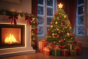 merry christmas background with gift box and ball lamp