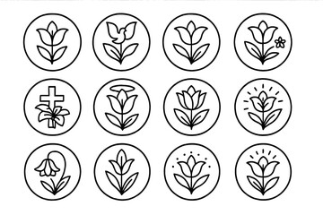 Symbolic Lily Icons. Line style icons of symbolic lilies in round shape: lily of purity, lily of peace, lily of elegance, lily of