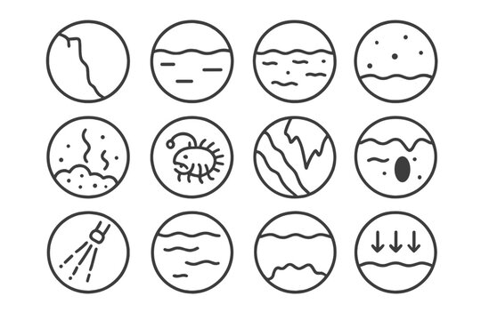 Abyssal Zone Icons. Line style icons of abyssal zone in round shape: trench wall, abyssal plain, dark water, distant glow; silt