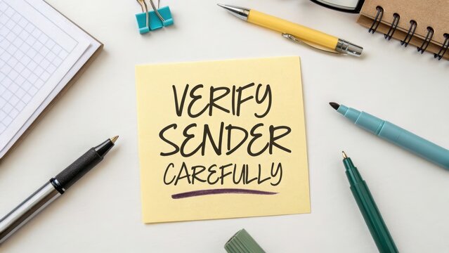 Reminder Note to Verify Sender Carefully on a Desk Workspace