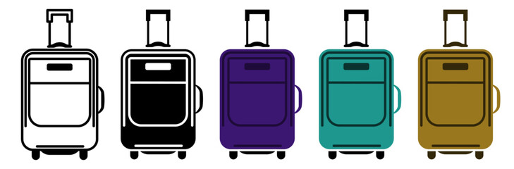 Vector icons of travel suitcases in various colors symbolizing luggage, vacation, travel, adventure, journey, and holiday concept isolated on white background.