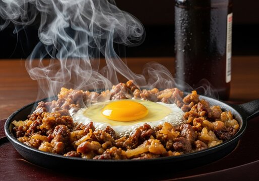 Sizzling filipino pork sisig served hot on cast iron skillet with raw egg yolk for pulutan