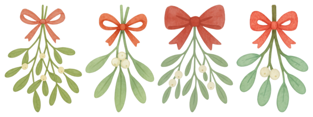 PNG Watercolor mistletoe with red bows, element set on transparent background