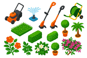 Garden Tools and Plants. Isometric vector illustration set featuring tools and plants: lawn mower, sprinkler, grass trimmer, hose