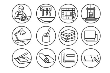 Bookbinding Tools Icons. Line style icons of binding workspace in round shape: bookbinder at desk, tool rack, cutting table,