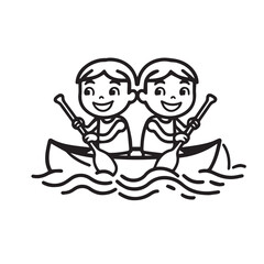 Two happy cartoon children paddling a canoe together on wavy water in a simple line drawing style