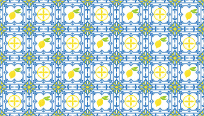 Mediterranean Ornament Seamless Pattern blue Italian tiles, ceramics with Lemon. Hand drawn vector illustration