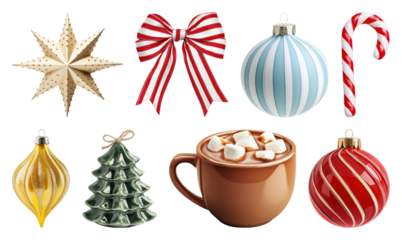 PNG Festive holiday decorations collection, element set on transparent background