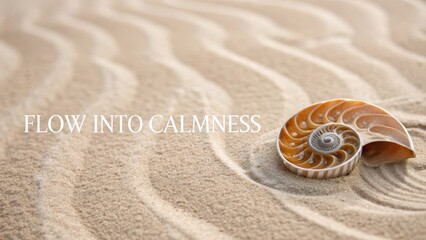 Serene Spiral Shell on Gentle Sandy Beach with Text Overlay