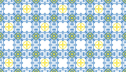 Mediterranean Ornament Seamless Pattern Vector blue and yellow 
illustration Italian tiles, ceramics