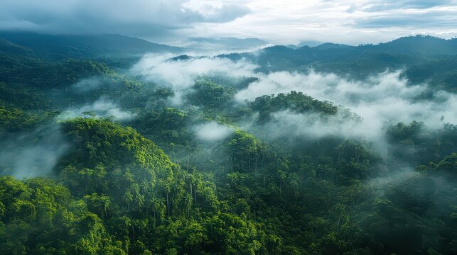 Misty rainforest landscape with lush vegetation and rolling hills in the morning