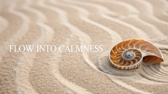 Serene Spiral Shell on Gentle Sandy Beach with Text Overlay - Powered by Adobe